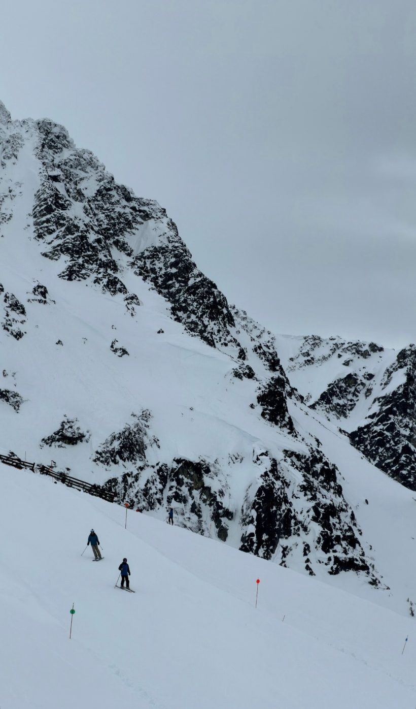 Skiers on a snowy mountain slope
